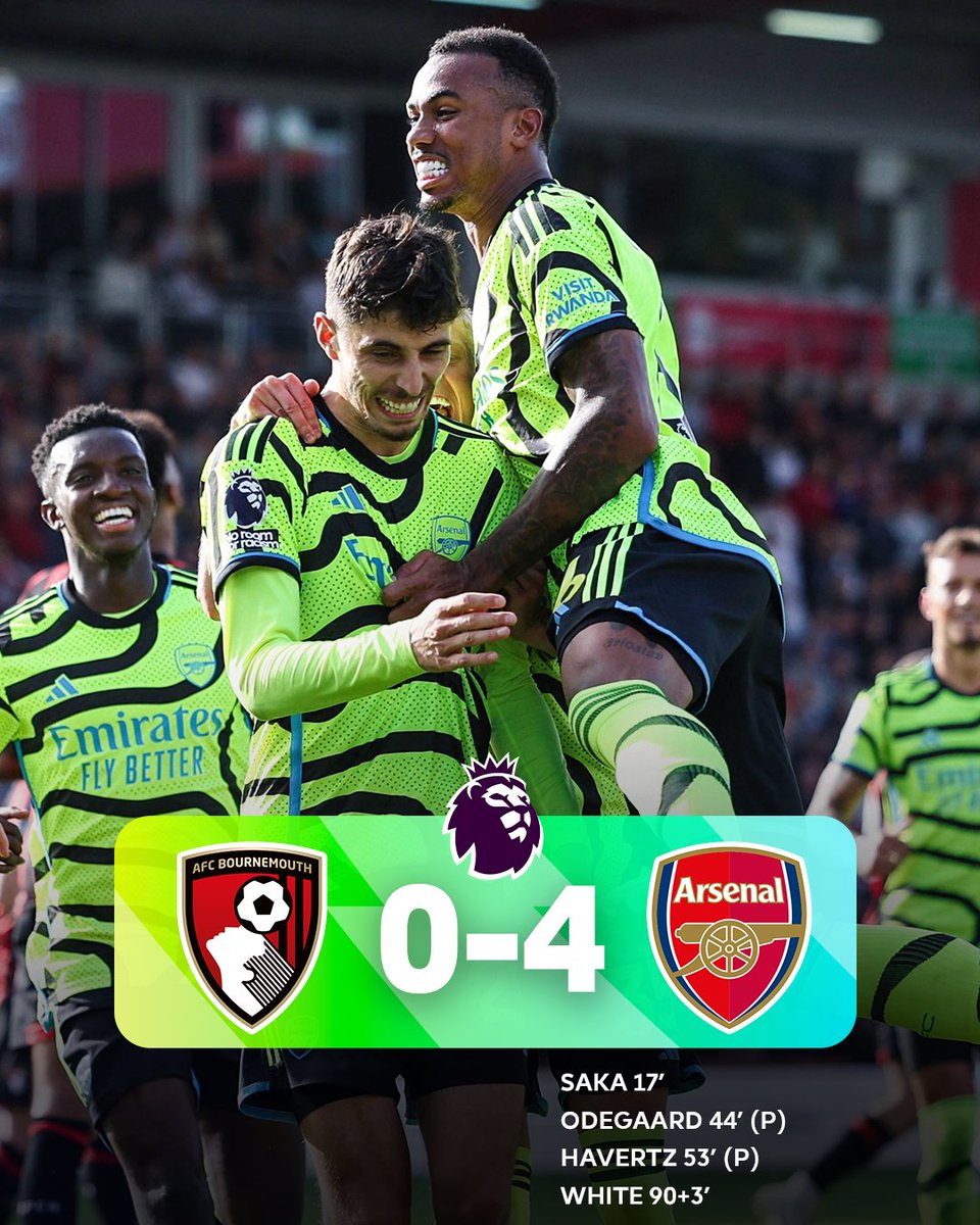 LaProrrogahn's tweet photo. ¡FESTÍN GUNNER! 🔫⚽️
El Arsenal ganó, gustó y goleó 4-0 en su visita al Bornemouth con goles de Saka, Havertz, Odegaard y White. Los de Arteta redujeron distancias con el City en la lucha por la #PremierLeague https://t.co/0tuHegLzgB
