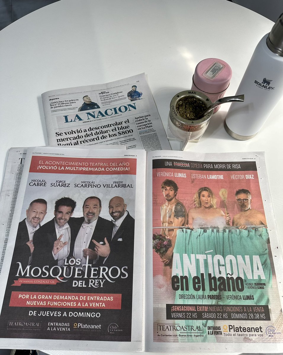 ✅Plan para HoY: mate y venir a reírse sin parar con #LosMosqueterosDelRey a las 20 Hs y con #AntigonaEnElBaño a las 22 Hs 🎫 Entradas Plateanet.com