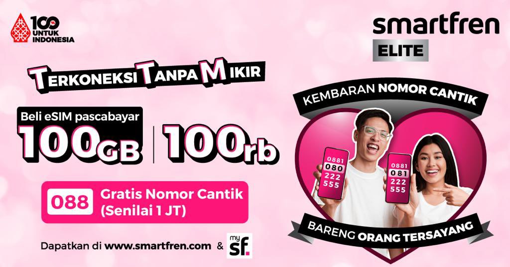 smartfrenworld's tweet photo. Kembaran nomer cantik bareng yang tersayang 😘 😘! GRATIS nomor cantik (senilai 1 jt) dengan beli Kuota 100 GB, cuma Rp100 rb! Yuk cari di sini https://t.co/FYAlhZcykH 📱 #TerkoneksiTanpaMikir #smartfrenELITE https://t.co/kR0WdHuPzB