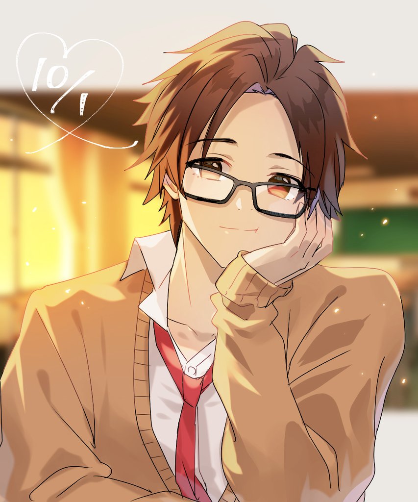1boy male focus necktie brown hair glasses brown eyes solo  illustration images