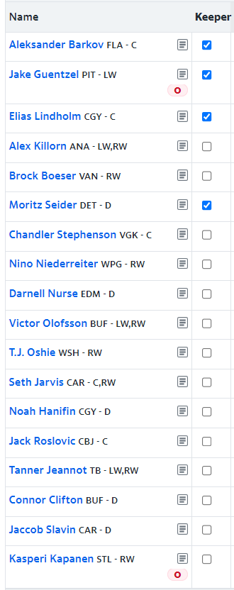 _MikeNorman's tweet photo. @Beebsbondy Disregard the lackluster roster. 5 keepers, 1G &amp; 1D. I did the easy "pick the top-ranked", would you do any different? I can't imagine keeping Nurse over any others. #helpme #fantasyhockey #dfo https://t.co/mVHJbswfuw