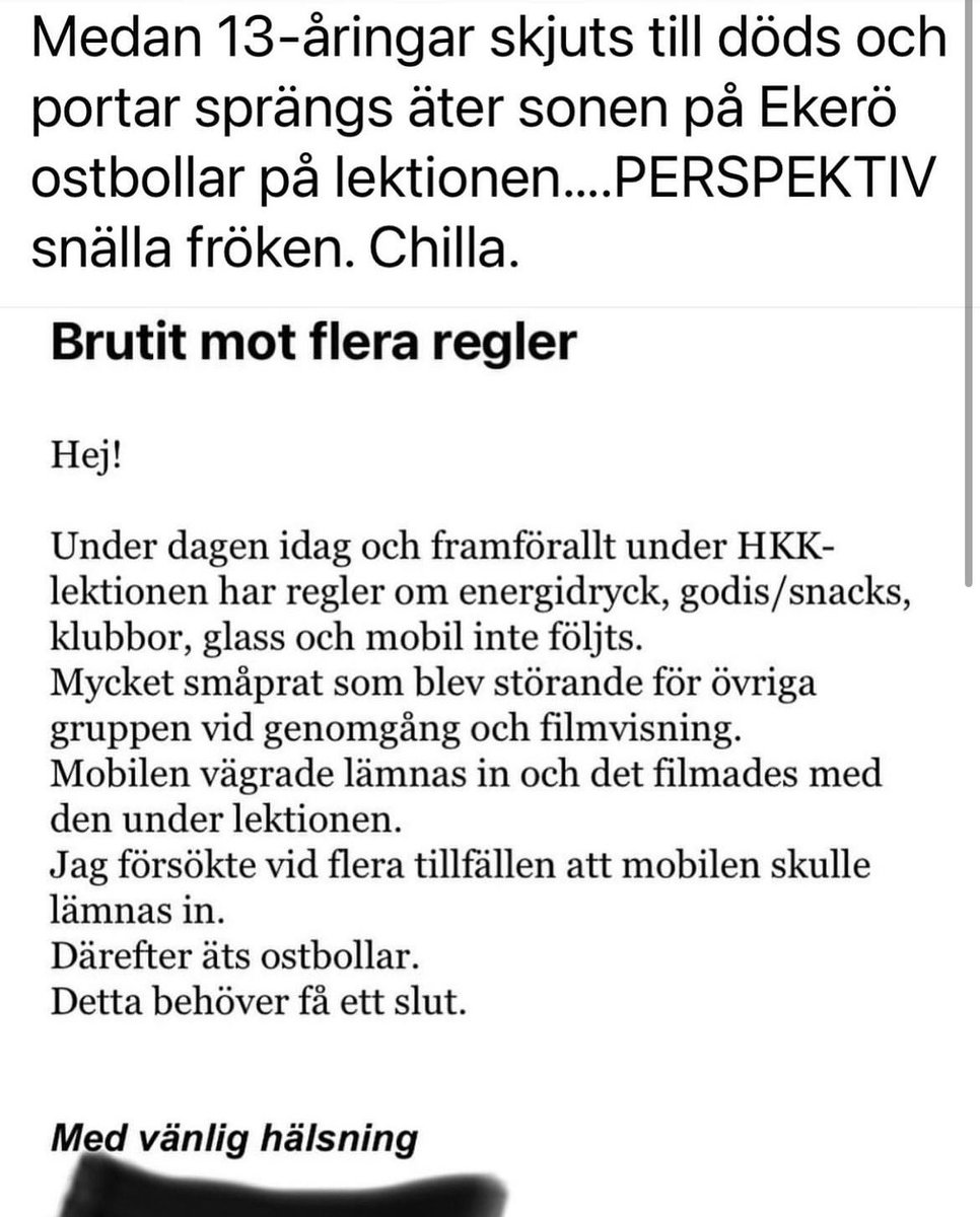 laeelxa's tweet image. En mamma blir irriterad på att en lärare informerar föräldrarna om elevernas oacceptabla beteende o hur de struntar i skolans regler. Mamman tycker att ”fröken” borde ha lite bättre perspektiv o chilla eftersom värre saker som skjutningar o sprängningar sker. 

Fint samarbete!