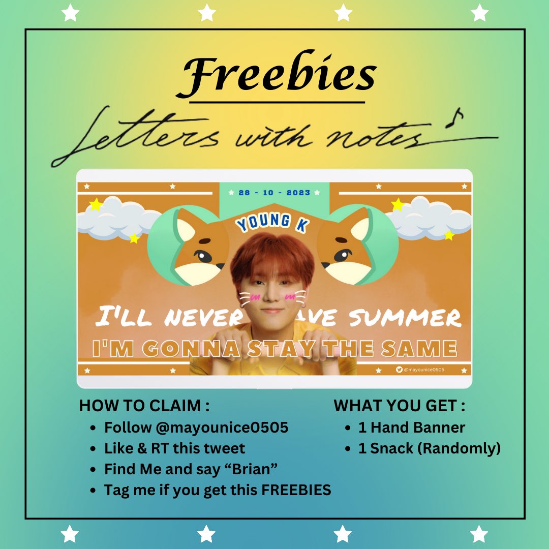 mayounice0505's tweet photo. [Help] rts &amp; likes are appreciated 🙌🏼

💙𝙇𝙚𝙩𝙩𝙚𝙧𝙨 𝙒𝙞𝙩𝙝 𝙉𝙤𝙩𝙚𝙨 𝙞𝙣 𝙅𝙖𝙠𝙖𝙧𝙩𝙖💙
freebies by @mayounice0505  🌻

📍Mall Kota Kasablanka
🗓 28 Oktober 2023
✅ detail in pict 💕
‼️limited quantity

See ya!!!

#YoungK
#Letters_with_notes #LetterWithNotesinJKT
#myday https://t.co/1WAhdwwKFc