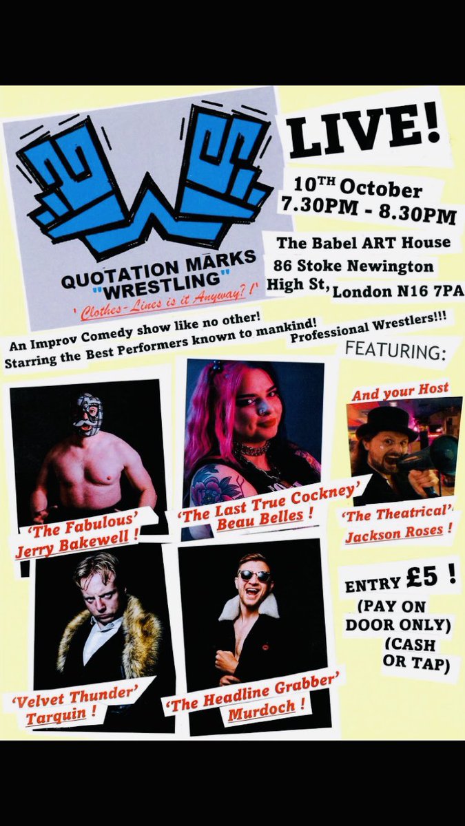 Poster Reveal!!!
#quotationmarkswrestling 
<a href="/fabbakewellboy/">Jerry Bakewell</a> <a href="/_BeauBelles/">Beau Belles</a> <a href="/TarquinWrestler/">Tarquin</a> <a href="/murdoch_pw/">Murdoch 🎧🍦</a>