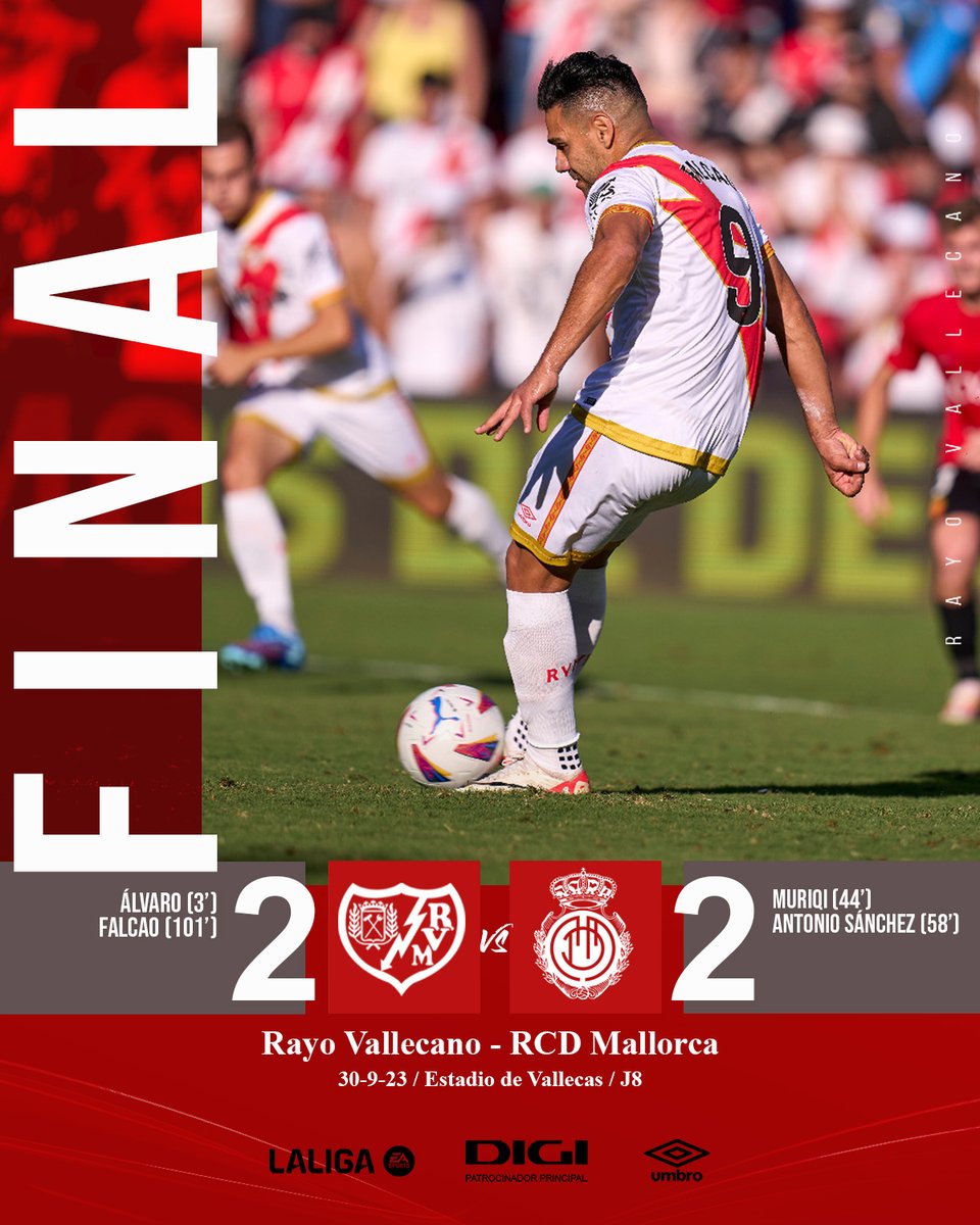 RayoVallecano's tweet photo. ⚡️ Final del partido en Vallecas (2-2)
⚽️ Álvaro García 
⚽️ @FALCAO 

#RayoRCDMallorca #VamosRayo https://t.co/tibLSZRqUg