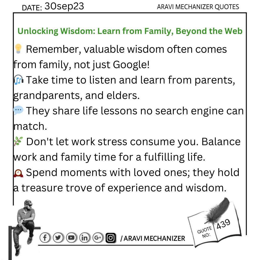 Embrace family wisdom and find balance in life's hustle.
#FamilyWisdom
#LifeLessons
#PrioritizeFamily
#WellnessJourney
#ValueOfElders
#EmbraceWisdom
#WorkLifeBalance
#ListenAndLearn #aravimechanizerquotes #aravimechanizeryoutubechannel #aravimechanizermotivationalspeaker