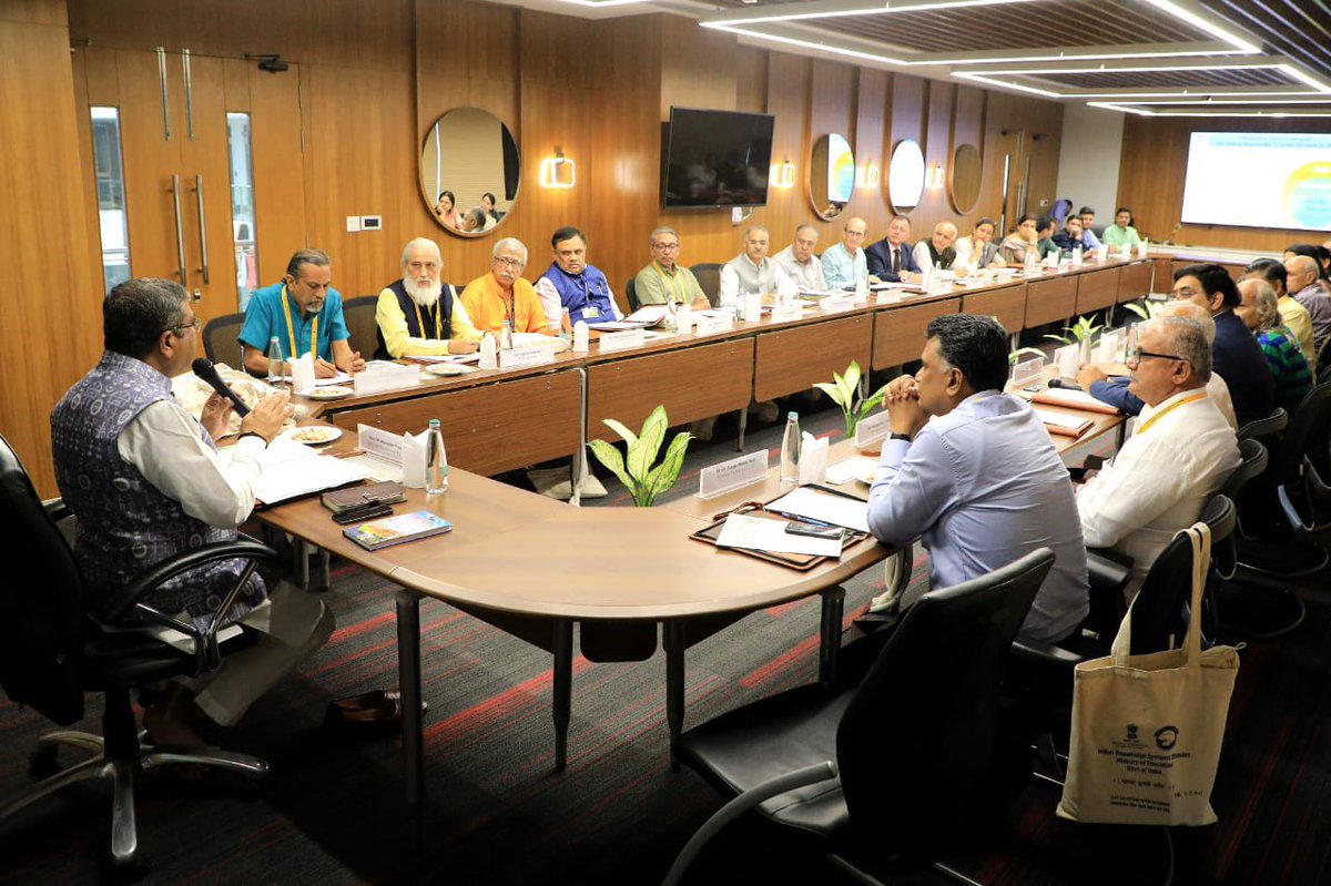 EduMinOfIndia's tweet photo. Hon'ble Union Minister for Education, Skill development and Entrepreneurship Shri @dpradhanbjp today chaired the 1st High-Powered Committee Meeting of the Indian Knowledge System (IKS) Division of the Ministry of Education in Ambedkar International Centre, New Delhi. Officials from the Ministry of Education,  eminent scholars, scientists and Heads of institutions including the NCERT, UGC, AICTE and others from across the country attended the meeting.
 
The Minister commended the progress achieved in the last two years.
Many important deliberations were held to discuss the future plans for expanding the activities of the IKS division and strengthening synergistic collaborations across the country. 

They also called for greater integration between the activities of the IKS Division and the NCERT, UGC and AICTE to implement the recommendations of the NEP 2020, especially about the ‘rootedness in India’. 

Shri Dharmendra Pradhan emphasized that the Indian Knowledge Systems are not about reliving the past or going back in time but about deploying the wisdom of the ages to solve challenges of the future in an aspiring India.

@narendramodi @PMOIndia @sanjayjavin @AICTE_INDIA @ugc_india @ncert @PIB_India @airnewsalerts @DDNewslive @DDNational @IKS_Media