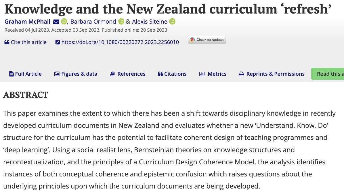 journal_JCS's tweet photo. Recently published: "Knowledge and the New Zealand curriculum ‘refresh’" by Graham McPhail, Barbara Ormond and Alexis Siteine.

https://t.co/Pnun8vu3sD

#DisciplinarKnowledge #CurriculumDesign #SocialRealism https://t.co/0v12JIbaZU