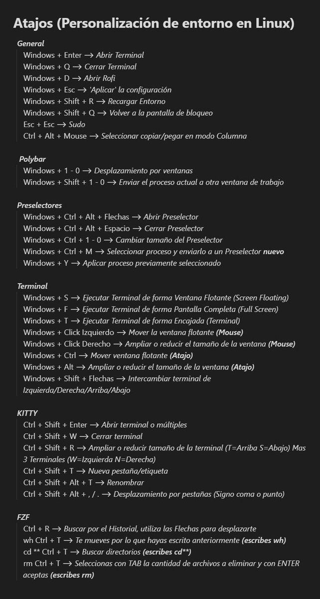 Lista de todos los atajos de teclado que utilizamos en Bspwm, proporcionada por M4teriaOscura, un seguidor de nuestra comunidad.

Cabe decir que estos atajos pueden variar en función de tu configuración, pero en caso de que emplees la misma, esta guía te será de utilidad 🚀