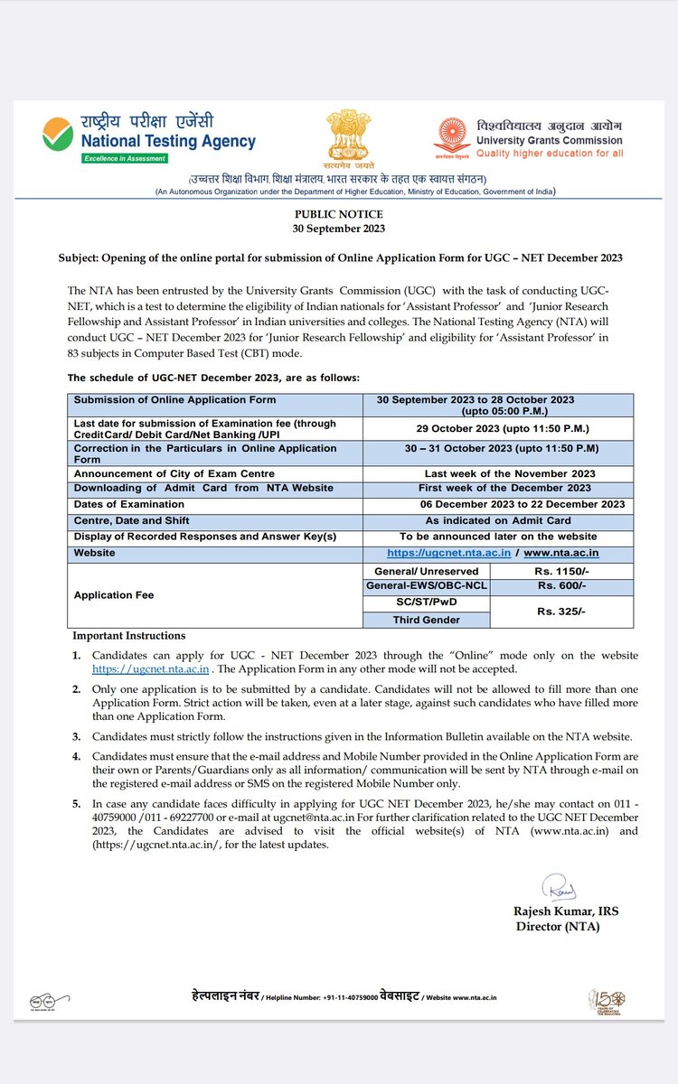 Candidates can apply for UGC - NET December 2023