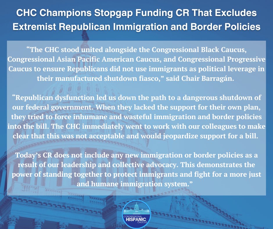 CHC Chair <a href="/RepBarragan/">Nanette D. Barragán</a> statement in response to the continuing resolution that did not include border or immigration policy changes ⬇️