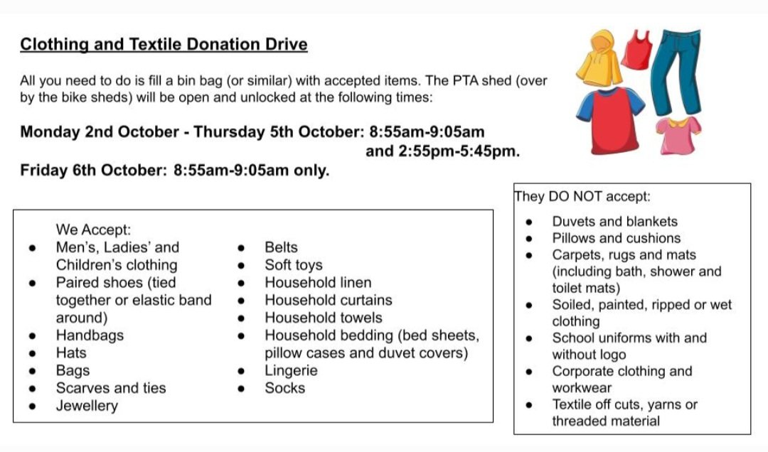 It's Bag 2 School week next week! See below for full details of what can be donated, where and when! Happy clearing out! 😍
