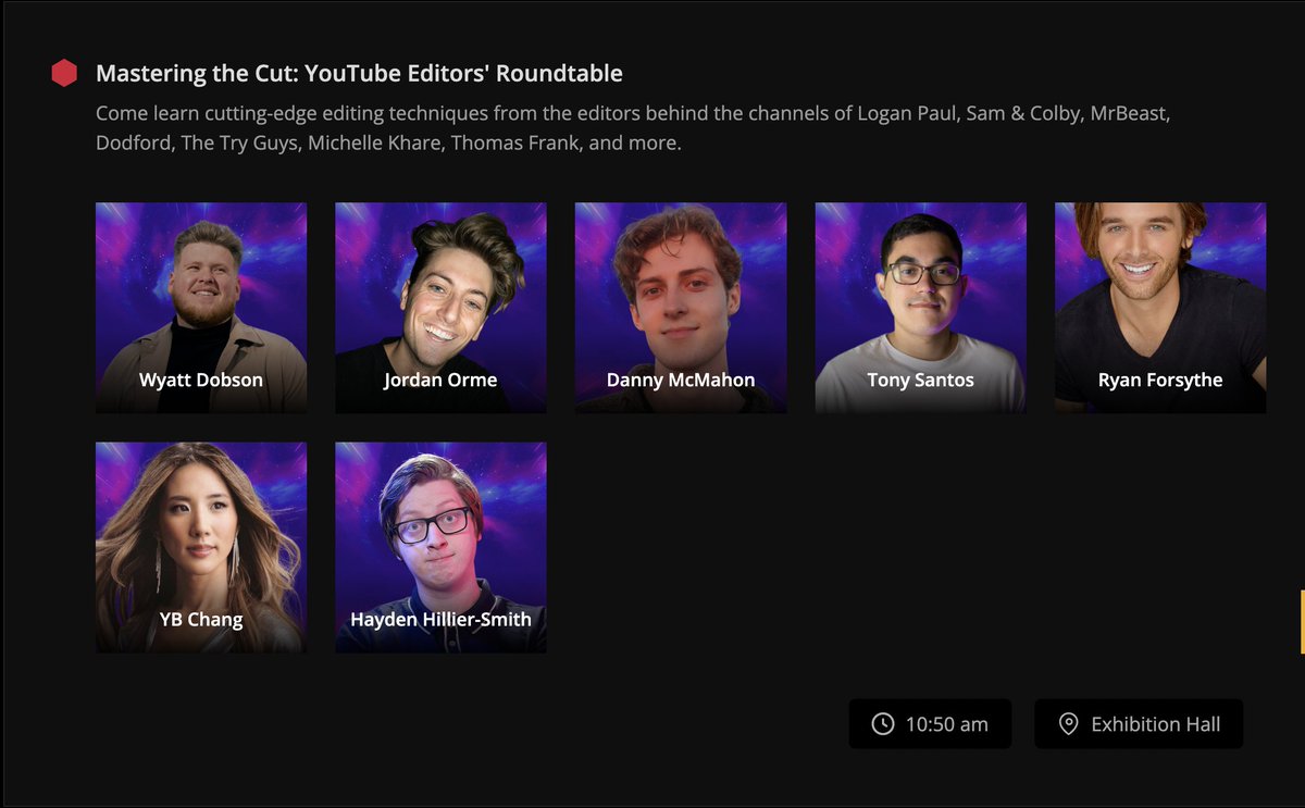 TheEditingPod's tweet photo. Absolutely STACKED lineup  for the editing roundtable at this year's @vidsummit 

@sonofadobson (Kelly Wakasa)
@dannymcmahon (Dodford, MrBeast)
@tonystoodios (Thomas Frank, Nebula)
Ryan Forsythe (Michelle Khare)
YB Chang (Try Guys, Buzzfeed)

Moderated by Editing Podcast hosts @JordanOrme and @HHillierSmith.

October 4th 10:50am at VidSummit. Will you be there? 😎