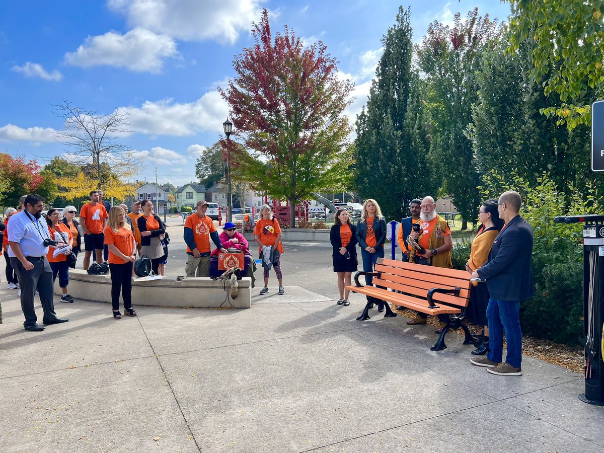 This morning, outside of City Hall, our <a href="/NiagaraFalls/">Niagara Falls Canada</a> community raised the #EveryChildMatters Flag and then lowered it to half-staff to mark #OrangeShirtDay and the #NationalDayforTruthandReconciliation. Today, we wear orange to raise awareness of the tragic legacy of residential