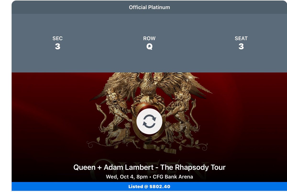 Queen and Adam Lambert tickets for sale. BALTIMORE
Wed. Oct 4 great seat pd $800 selling for $600