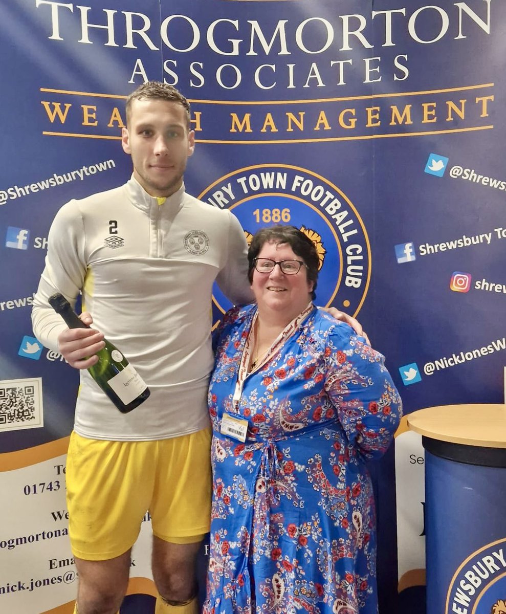 Today’s @NickJonesWealth Wealth Planning man of the match is @MarosiMarko , with Val Sheppard - Evans of this afternoon’s match ball sponsor @longmyndtravel presenting the champagne Well played Marko, another point on the board for @shrewsburytown , onto Oxford on Tuesday #Salop