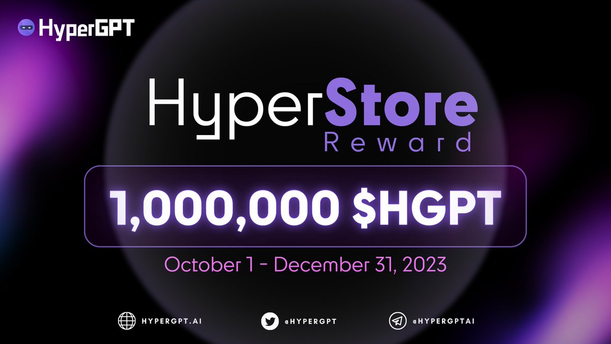 hypergpt's tweet photo. 📣 Calling all HyperDAO members!
🎉 Brace yourselves for the quarterly HyperStore reward pool of 1,000,000 $HGPT! 🚀✨
Get ready to level up your XPs on HyperStore from October 1 to December 31, 2023 through interacting to the platform and seize your share of these exciting rewards! 💎💼
#CryptoRewards #HyperGPT #AI #ArtificialIntelligence #Web3 #Crypto