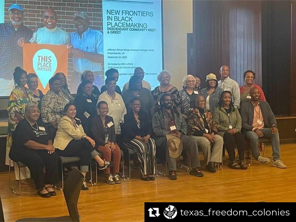 FreeBlackTX's tweet photo. Thanks to all who joined us on Sept 24& 25, for New Frontiers in Black Placemaking at @UVaSARC. This was the 1st of many fall Center for Cultural Landscapes events. I loved hosting these brilliant descendants, planners, scholars & facilitating dialogue w/them. Photos by Tom Daly https://t.co/7847bPO7ak
