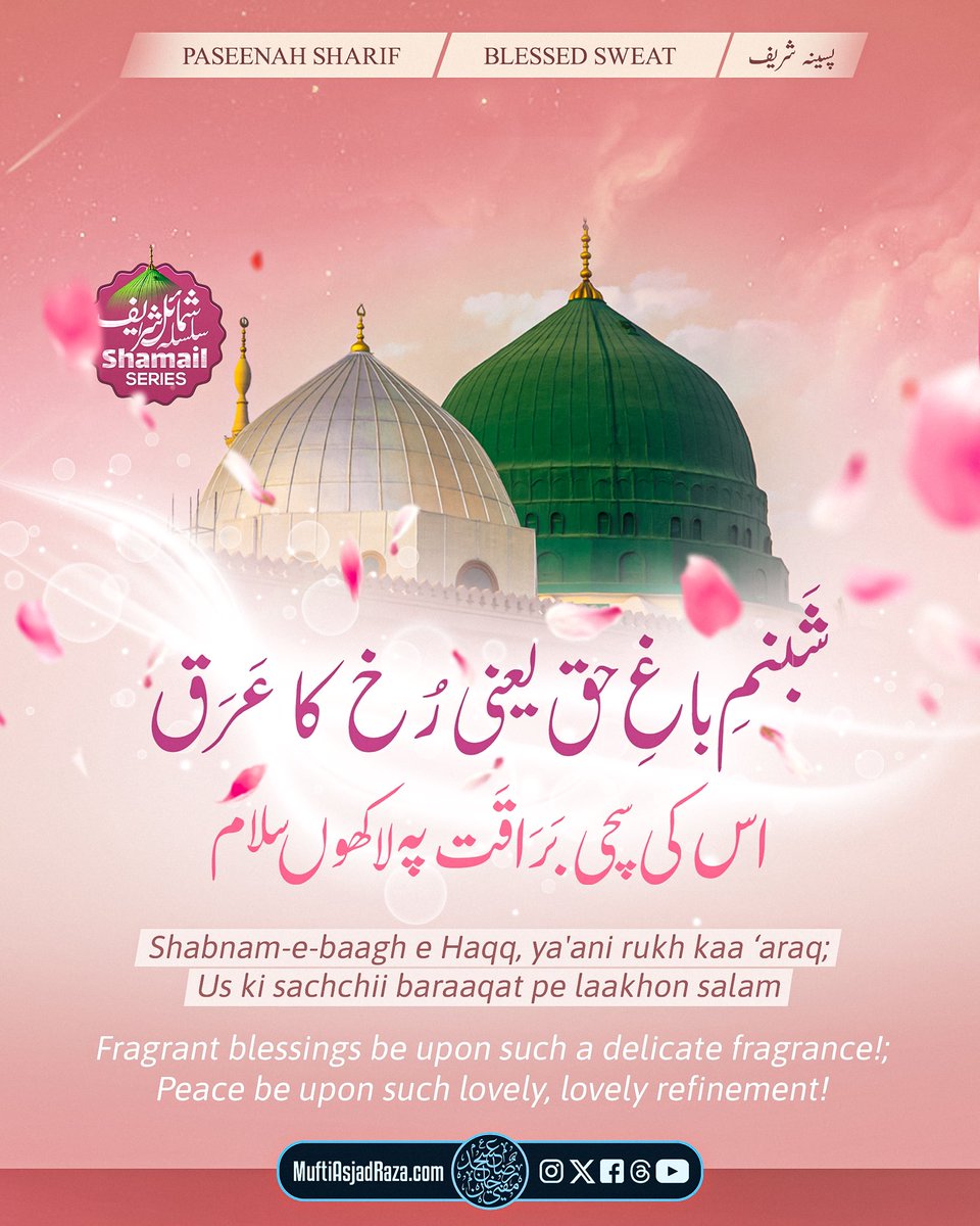 MuftiAsjadRaza's tweet photo. ہمارے پیارے آقا و مولا ﷺ کا مبارک پسینہ کستوری سے زیادہ خوشبو دار تھا۔ حضرت سیدنا انس رضی اللہ تعالی عنہ کی والدہ حضرت بی بی ام سلیم رضی اللہ تعالی عنہا ایک چمڑے کا بستر حضور ﷺ کے لیے بچھا دیتی تھیں اور آپ ﷺ اس پر دوپہر کو قیلولہ فرمایا کرتے تھے تو آپ کے جسم اطہر کے پسینے کو وہ ایک شیشی میں جمع فرما لیتی تھیں پھر اس کو اپنی خوشبو میں ملا لیا کرتی تھی ںچنانچہ حضرت انس رضی اللہ تعالی عنہ نے وصیت کی تھی کہ میری وفات کے بعد میرے بدن اور کفن میں وہی خوشبو لگائی جائے جس میں حضور انور ﷺ کے جسم اطہر کا پسینہ ملا ہوا ہے۔

The blessed sweat of our beloved Master was more fragrant than musk. The blessed mother of Sayyiduna Anas (RadiyAllahu Anhu), Sayyidatuna Bibi Umm Sulaym (RadiyAllahu Anha) used to lay a leather bed for the beloved Prophet and he would take siesta on it in the afternoon. She would collect his blessed perspiration in a bottle and then mix it with her perfume. Thus Sayyiduna Anas (RadiyAllahu Anhu) had bequeathed that after my death, the same perfume should be applied to my body and shroud in which the blessed, purified, and fragrant sweat from blessed body of the beloved Prophet is mixed.