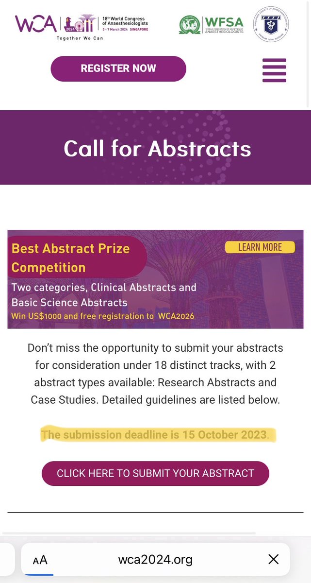 Just 15 short days left to get your #abstract in for <a href="/wfsawca/">WCA2026</a> World Congress of #Anaesthesiologists in Singapore next March wca2024.org/call-for-abstr…