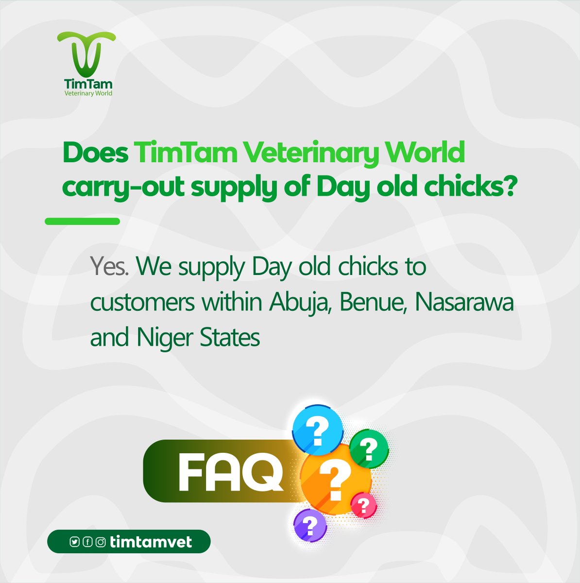 Yes, we supply day-old chicks within the locations below.
#timtamvet #faq #poultry #agriculture #farm
5h