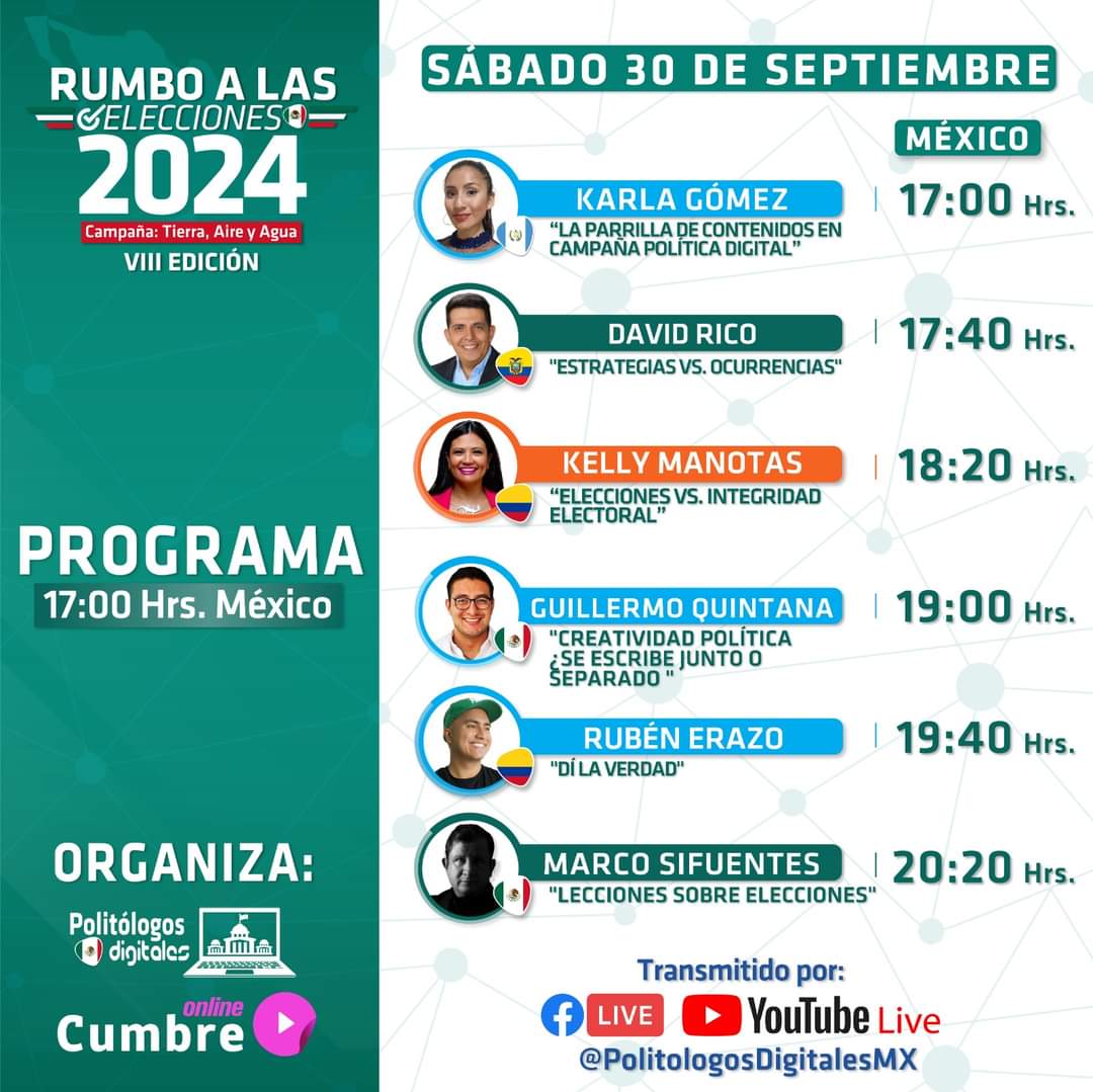 RumboAEleccion's tweet photo. VIII Seminario Internacional Rumbo a las #Elecciones2024MX 🗳 🇲🇽

Programa:
📅 Sábado 30 de septiembre
🕙 17:00 hrs 🇲🇽
💻 FB #PolitólogosDigitalesMéxico

EVENTO DE LIBRE ACCESO 🆓
📝 Inscríbete https://t.co/cUVtnVlyHn

#Elecciones2024 #RumboMx @PolitologosD @CanalPolDig https://t.co/gBsr5moxNU