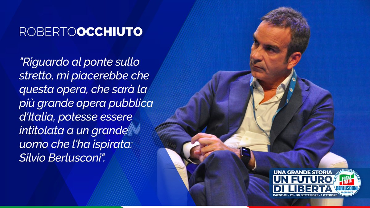forza_italia's tweet photo. "Riguardo al ponte sullo stretto, mi piacerebbe che questa opera, che sarà la più grande opera pubblica d'Italia, potesse essere intitolata a un grande uomo che l'ha ispirata: Silvio Berlusconi". @robertoocchiuto https://t.co/4UpFk8P7Ak