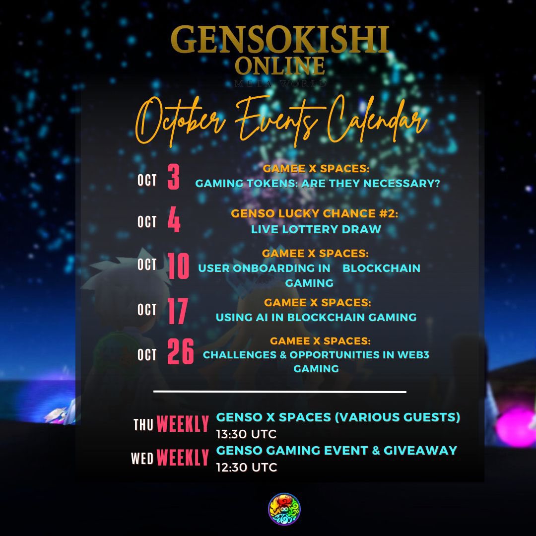 genso_meta's tweet photo. Here is the GENSO October events overview!✨

There will be lots happening throughout the month, so make sure to have a read and stay up to the date with our latest announcements 📣 :

https://t.co/yIliC6zmTR

#Gensokishi #Web3Gaming https://t.co/r67bAekDhi