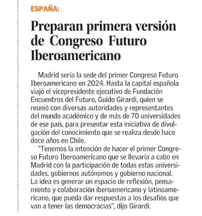 Ya estamos trabajando para llevar el <a href="/congresofuturo/">Congreso Futuro</a> a España, con el fin de generar un espacio de reflexión, pensamiento y colaboración a nivel Iberoamericano y Latinoamericano.