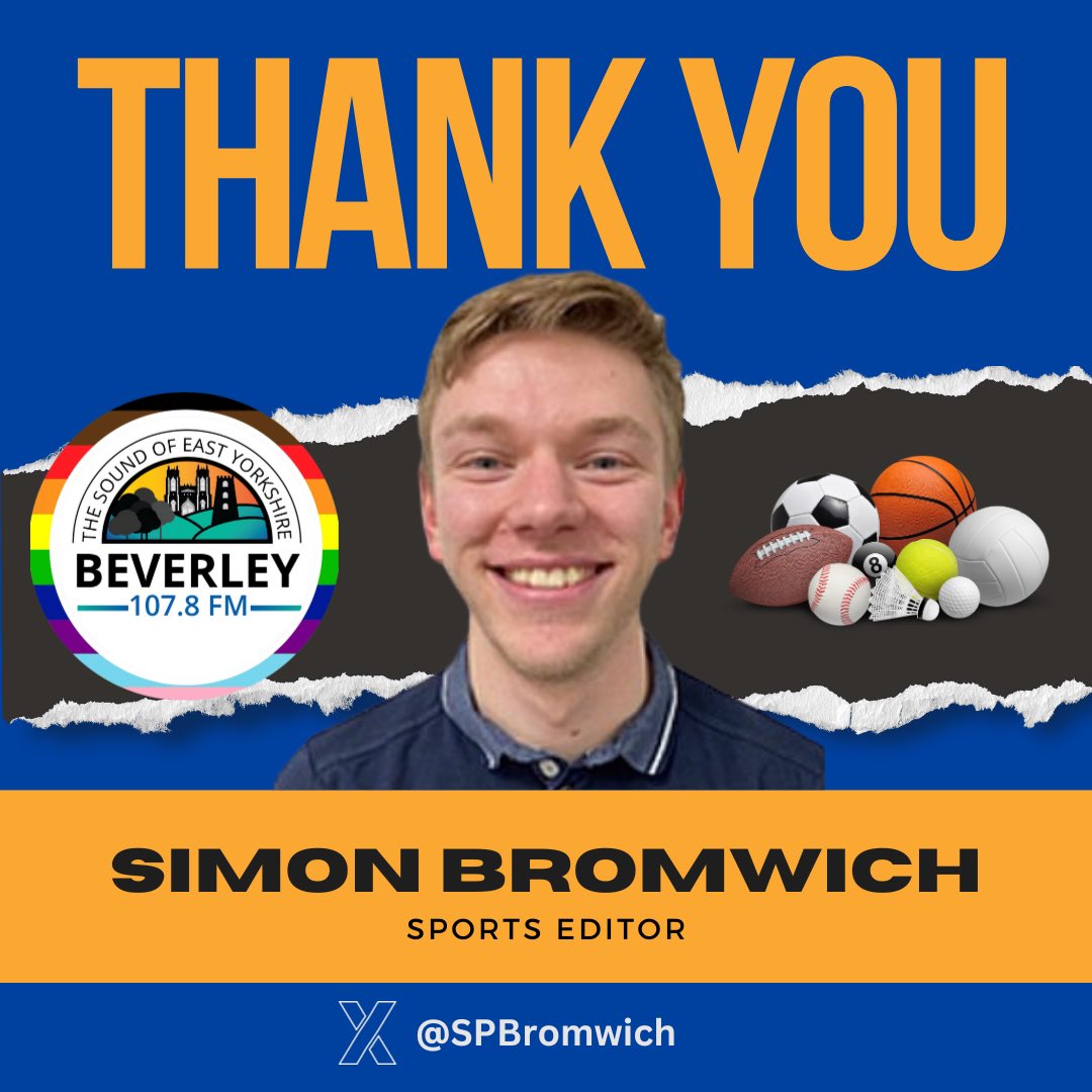 BeverleyFMSport's tweet image. 🏆 With that comes the final whistle on Simon’s (@SPBromwich) time as the Sports Editor at @Beverley_FM. 

Simon moves on to a new exciting opportunity in the field of Sports Broadcasting and the team at Beverley FM wish him all the best in his future endeavours! 🥇