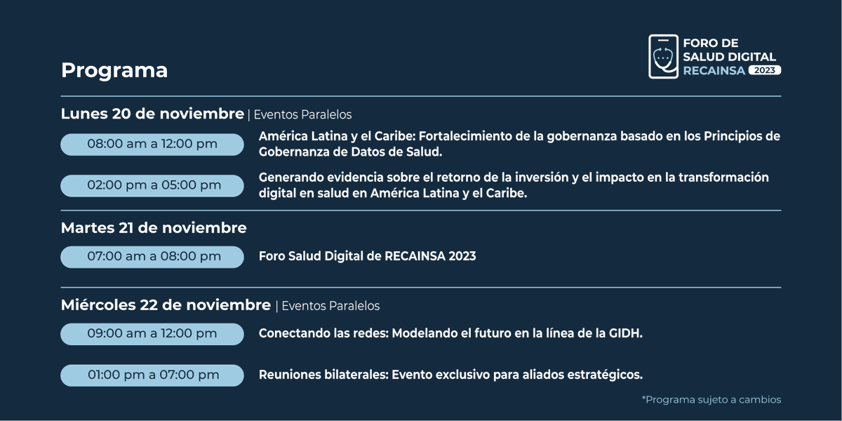 RECAINSAnetwork's tweet photo. ¡Estamos emocionados de presentarte un adelanto del programa del Foro de Salud #RECAINSA 2023 #FSD2023!

#ForoDeSaludDigital #ForoDeSaludDigitalRECAINSA #FSD #SaludDigital #TransformacionDigitalDelSectorSalud #BuenasPracticas #EspacioDeIntercambio #Networking https://t.co/Z0upfFO8y8
