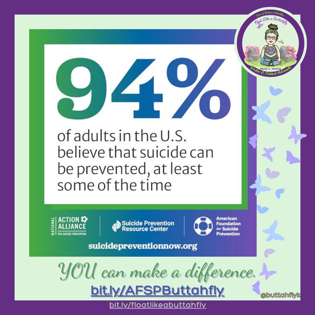 94% of adults in the US believe that #suicide can be prevented, at least some of the time. YOU can make a difference. Join us at the upcoming #OutOfTheDarkness Walk Sunday, October 14 Harbor Island Park bit.ly/AFSPButtahfly ~🦋 #StopSuicide #MentalHealthMatters