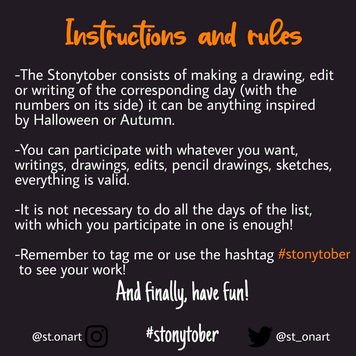 St_onart's tweet photo. Stonytober 2023!
Here is this year's list 😸 I hope everyone participates!
#stony #stonytober #stonytober2023 #stonyfanart https://t.co/Pex0O1maYt