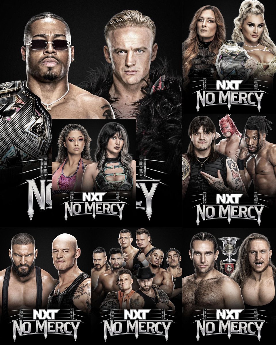 Esta noche en #NXTNoMercy:

🟡Carmelo Hayes vs. Ilya Dragunov. #NXTTitle

🟡Becky Lynch vs. Tiffany Stratton. #NXTTitle.

🟡Dominik Mysterio vs. Trick Williams. #NATitle.

🟡Noamdar vs. Butch. #HeritageCup.

🟡Kelani Jordan vs. Blair Davenport.

🟡Bron Breakker vs. Baron Corbin.