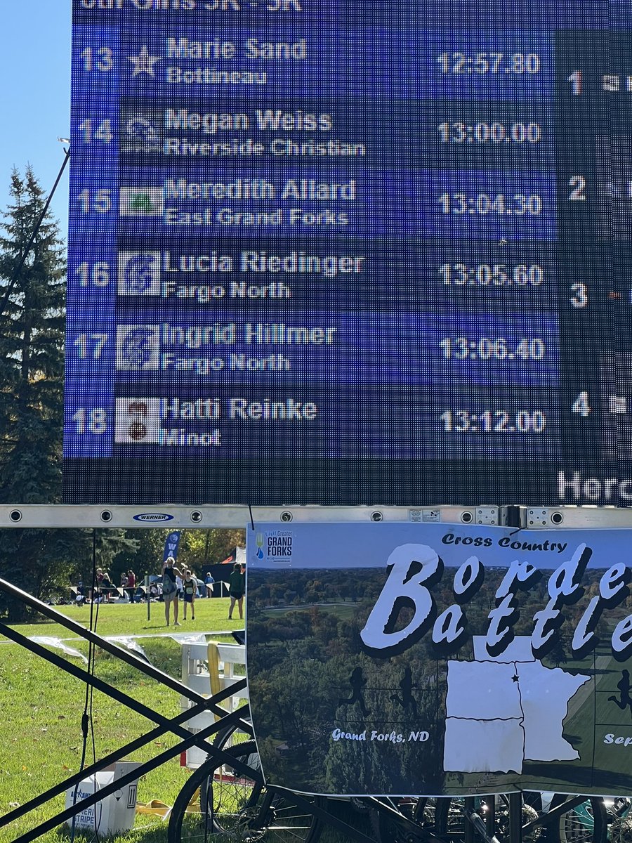 Off to a great start at the Border Battle in Grand Forks! Hatti Reinke takes 18th with a PR of 13:12! Congrats!