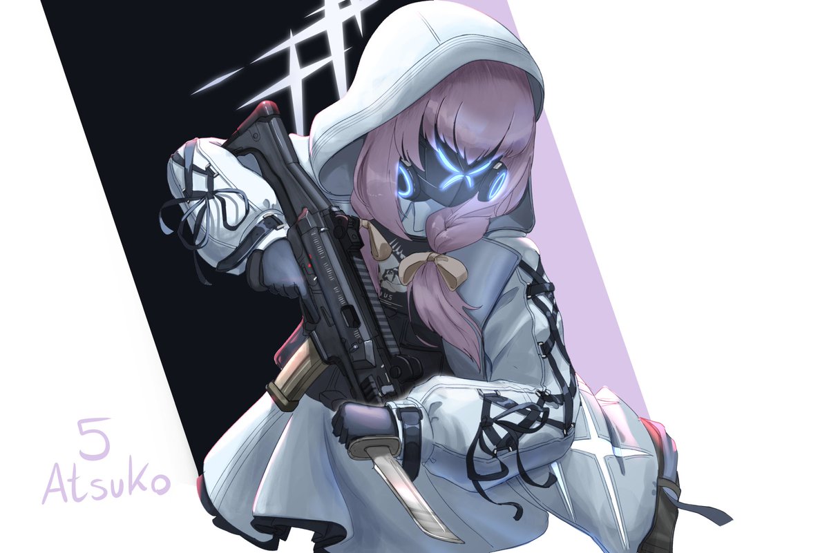 1girl mask weapon gloves hood solo gun  illustration images