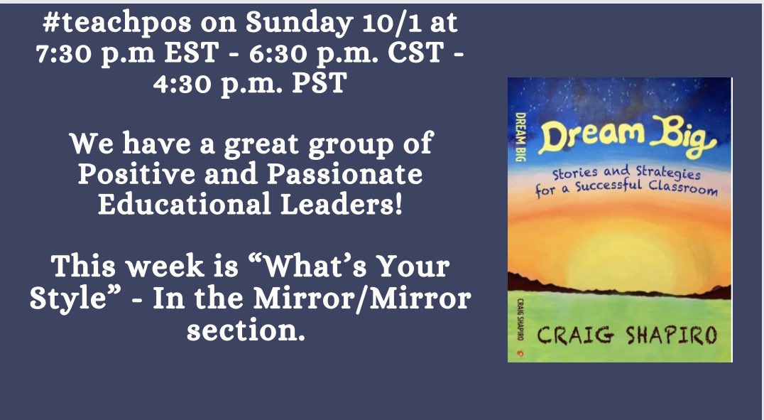 What’s Your Style - #teachpos on Sunday 7:30 pm EST - 6:30 CST - 4:30 PST @bbray27 @AllysonApsey @iluveducating @mcdonald_kecia @champforkids @ChristineBemis2 @donna_mccance @redefineED @IanNairn @BrandonBeckEDU @DrCSJones @ChrisQuinn64 @edu_match @teacher2teacher @NowakRo