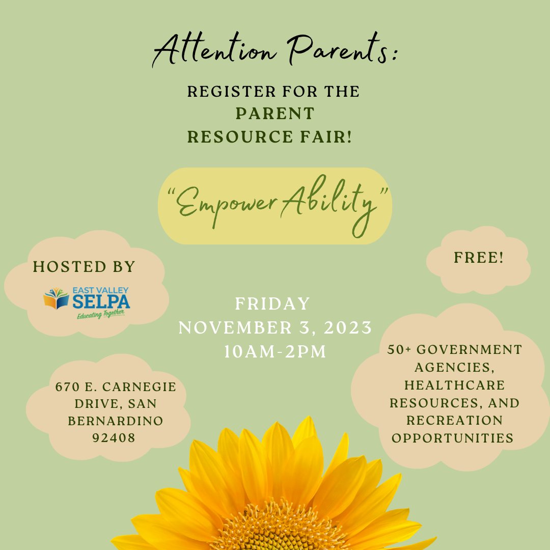 ADRConnections's tweet photo. Join us for East Valley SELPA’s 1st annual Parent Resource Fair! EmpowerAbility: Connecting Parents and Community Resources.

You can register by clicking the link below or located in the graphic.
https://t.co/jOysTSqfyq https://t.co/tb2959xu3j
