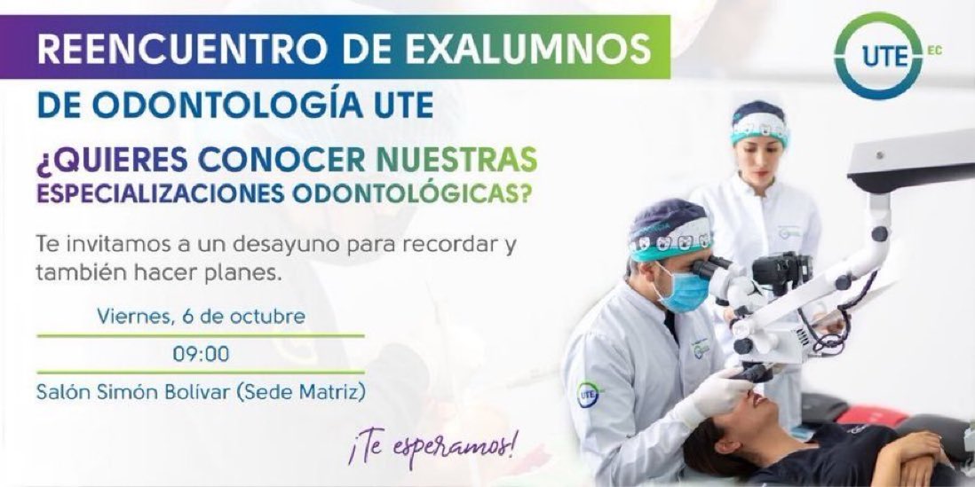 #UTEInforma| 🎓Graduado de #OdontologíaUTE.
🦷¿Quieres conocer sobre las especializaciones odontológicas #UTE❓
🪥Ven a nuestro desayuno.
🗓️6 de octubre
⏰09:00
🟢Organizan: Especializaciones de Odontopediatría y Rehabilitación Oral.
🧑‍💻Inscríbete: bitly.ws/Vs6g