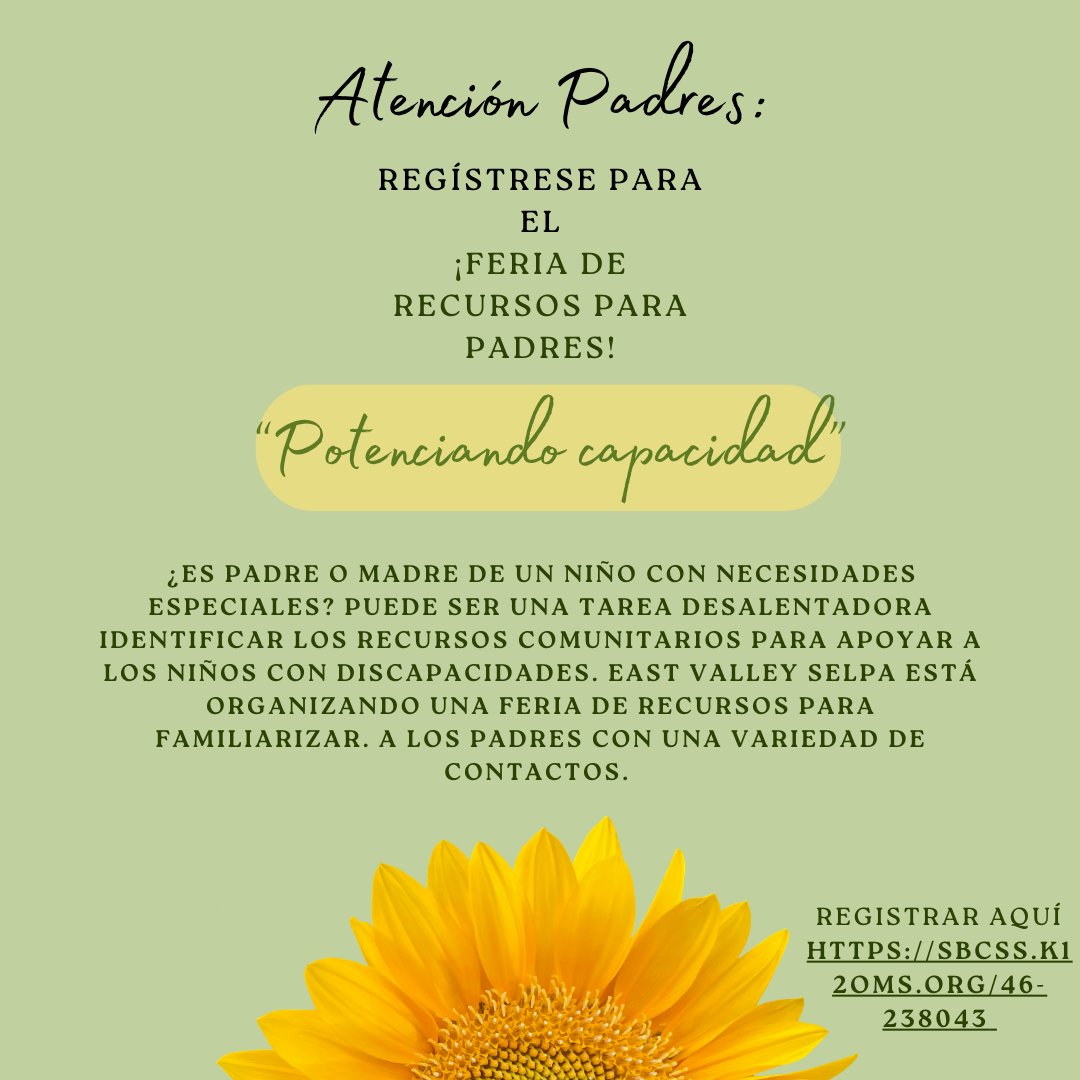 ¡Únase a nosotros en la primera feria anual de recursos para padres de East Valley SELPA! EmpowerAbility: Conectando a los padres y los recursos comunitarios.

Puede registrarse haciendo clic en el enlace a continuación o ubicado en el gráfico.
sbcss.k12oms.org/46-238043