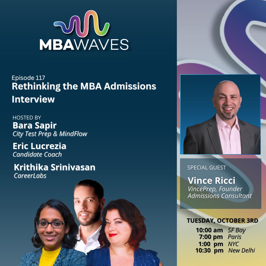 MbaWaves's tweet image. Join hosts Krithika Srinivasan, Eric Lucrezia, and Bara Sapir on Episode 117 as they dive deep into the admissions interview process! Special guest speaker Vince R. shares invaluable insights on acing your interview. #RethinkingTheMBA #AdmissionsInterview
#PodcastEpisode #MBA