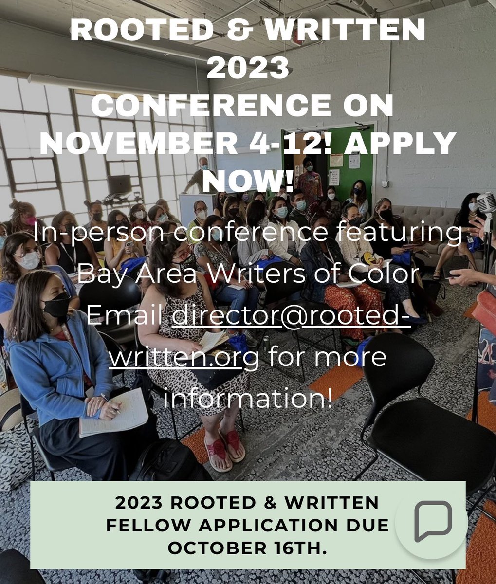 WRITERS OF COLOR: Applications are now open for Rooted and Written, a fully-funded writers conference by and for writers of color at @sfgrotto in San Francisco from Nov. 4-12. I’ll be teaching creative nonfiction. 🙌🏽 Applications due Oct. 16! Details: rooted-written.org