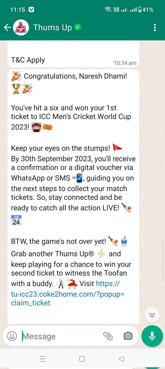 I won the ICC Cricket World Cup ticket but till date Thums Up has not given the ticket. @ThumsUpOfficial
#ThumsUp #Toofan #ICCMensCricketWorldCup23 #ThumsUpFanpulse #IndiaToofanMacha #CWC23 #IndiaIndiaMacha
