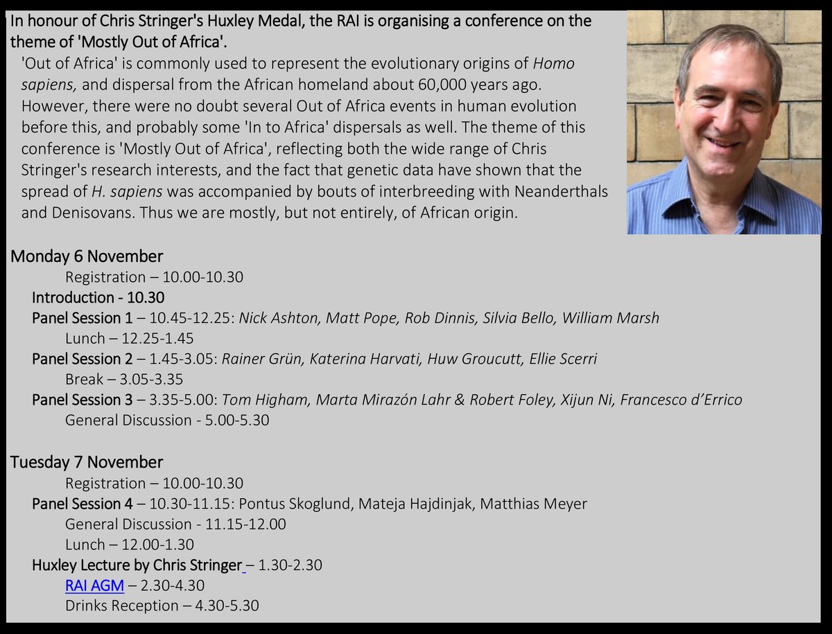 ✨😍Don't miss it ‼️
<a href="/RoyalAnthro/">The RAI</a> conference in honour of <a href="/ChrisStringer65/">Chris Stringer</a> 
'Mostly out of Africa' - 6 &amp; 7 November 2023 
Flett Lecture Theatre, NHM, London
Eventbrite tickets link: eventbrite.co.uk/e/mostly-out-o…