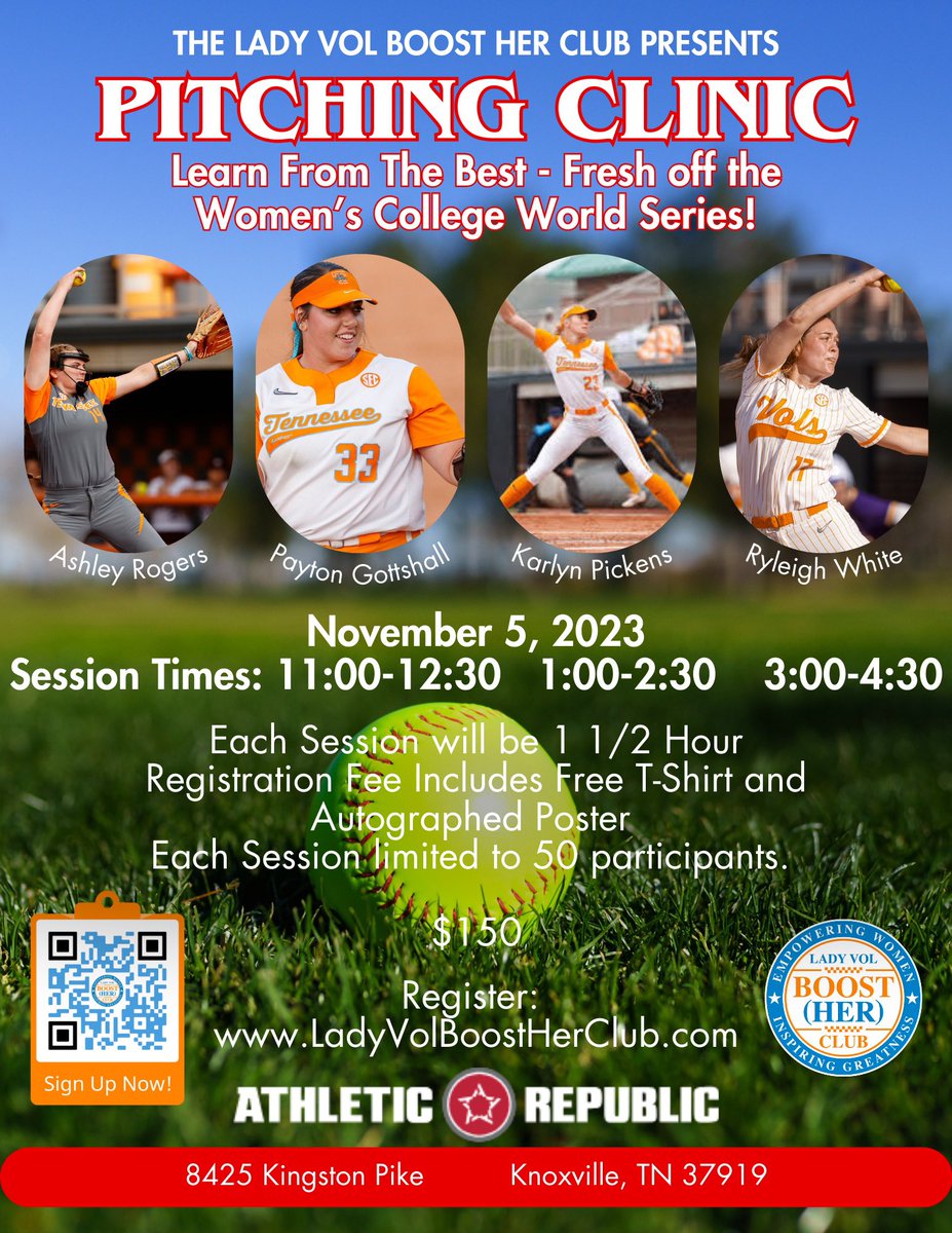 @ashleyrogers_14 @pgott33 @PickensKarlyn @ryewhite07 Spots are filling up- Only 3 left in 1st session. This clinic is going to be Awesome. Go Lady Vols 🧡🥎 @VOLLOG8 @Vol_Softball