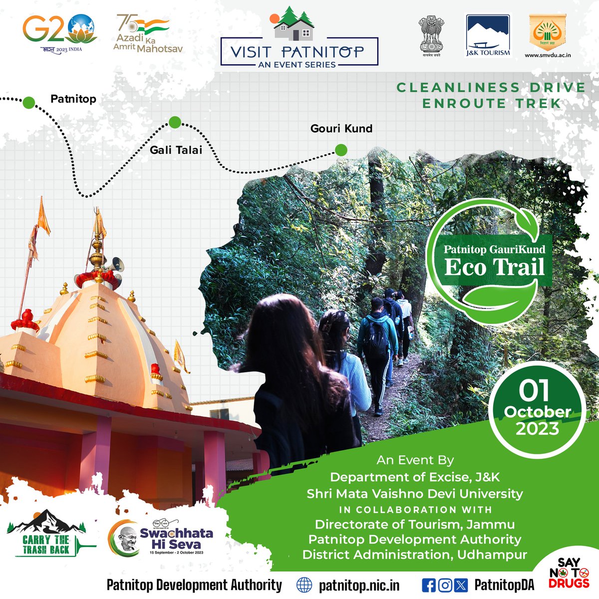 Thakurss111's tweet photo. #EventAlert

Department of Excise, J&K, @JammuTourism, @PatnitopDA, @smvduofficial, @udhadm coming together for Patnitop-GauriKund Eco Trail, a trail like no other! As part of the ongoing nationwide #SwachhataHiSeva campaign, we'll trek with a purpose - cleanliness all the way. 

Date: 1st October, 2023

#VisitPatnitop
#AmazingJammu
#SwachhBharat
#CarryTheTrashBack
#CleanPatnitopGreenPatnitop
#CleanMountainsSaveFuture

@OfficeOfLGJandK 
@SyedAbidShah 
@diprjk 
@rai_saloni 
@smvduofficial 
@PIB_India 
@PIBSrinagar 
@JandKTourism 
@ddnews_jammu 
@DDNewslive