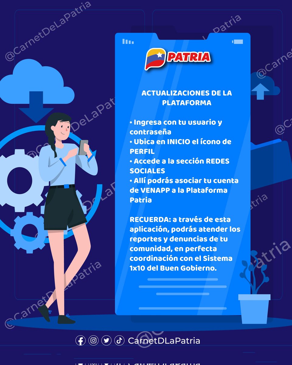 Asocia tu cuenta VenApp a la #PlataformaPatria. ¿Qué debes hacer? •Ingresa con tu usuario y contraseña. •En INICIO ubica el icono de PERFIL. •Accede a la sección de REDES SOCIALES. ¡Listo! Haz tus reportes y denuncias, a través del 1X10 del Buen Gobierno. #FiTelVen2023 #30Sep