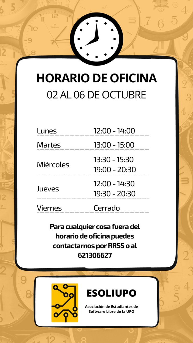 Asociación de Estudiantes de Software Libre UPO (@esoliupo) on Twitter photo Hola! Pasamos por este rincón para dejar el horario de esta semana 😁💻
Ya sabéis dónde estamos, el edificio 24 en el sótano 😶🌫️🫣
<a href="/pablodeolavide/">Pablo de Olavide</a> Hola! Pasamos por este rincón para dejar el horario de esta semana 😁💻
Ya sabéis dónde estamos, el edificio 24 en el sótano 😶🌫️🫣
<a href="/pablodeolavide/">Pablo de Olavide</a>