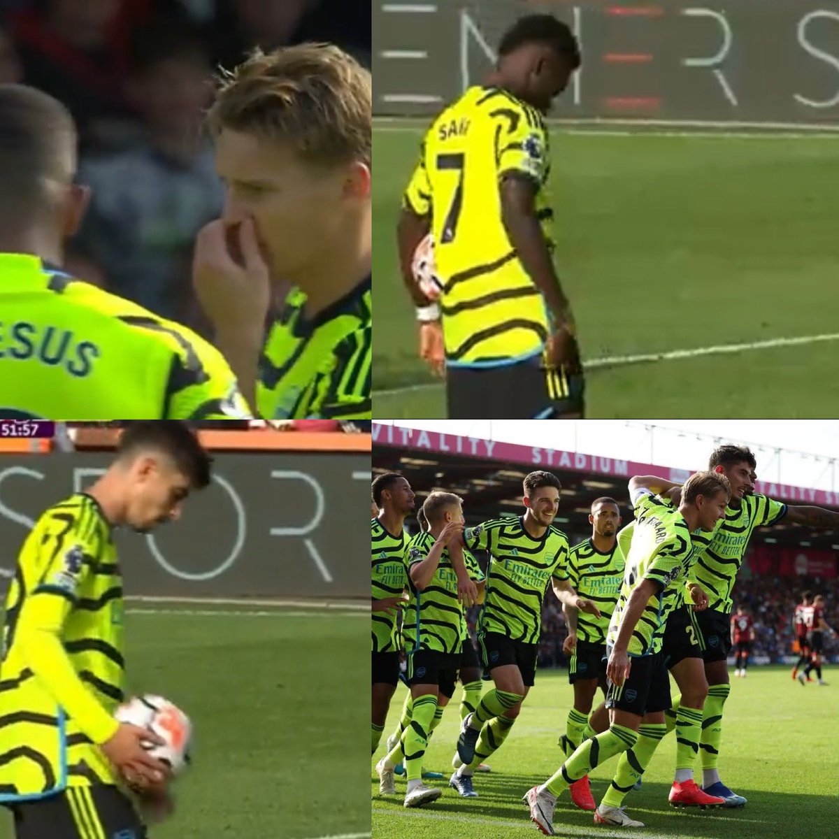 Juezcentral's tweet photo. Secuencia que muestra lo que es el equipo de Arteta. Hay penal para el Arsenal. Saka se prepara para cobrar. Gabriel Jesus y el capitán Odegaard dialogan al borde del área y deciden hablar con Saka para que deje cobrar a Havertz, que aún no había podido anotar con el Arsenal y ha recibido críticas por su falta de gol. 

No hay objeción, Havertz anota y todo el equipo va detrás de él a abrazarlo. Esto también es un equipo, esto también es fútbol.