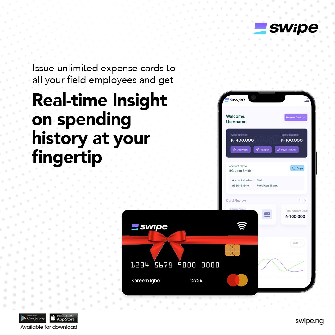 TheOreAfolayan's tweet photo. Ready to simplify expense tracking for your business?
Look no further!
Introducing Swipe β the smart way to manage workplace expenses.
Follow @get_swipeNG and visit https://t.co/qlSMfgg9GB now! #ExpenseTracking #Swipe #SwipeNG https://t.co/QDBuPczFku